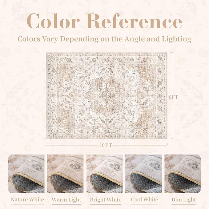 PADOOR-Vintage Area Rug 8X10 Rugs for Living Room-Soft Beige Rugs for Bedroom-Machine Washable Rug Non Slip Carpet-Rug for Dining Room Living Room Bedside Office