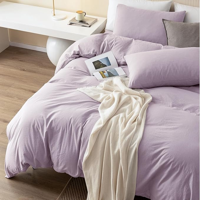 JIYUAN 100% Washed Cotton Duvet Cover Set 3 Pieces Full, 1 Duvet Cover 80x90 Inches(Comforter Not Included) and 2 Pillowcases,Linen Like Comfy and Breathable,Heathered Light Purple