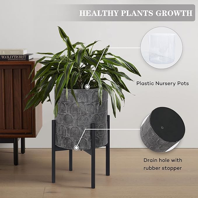 Oakrain Planters for Indoor Plants, Set of 2 Modern Planter with Stand, Decorative Metal Planter Pots for Living Room, Office, Garden, Balcony, 8"&10", Paint Black