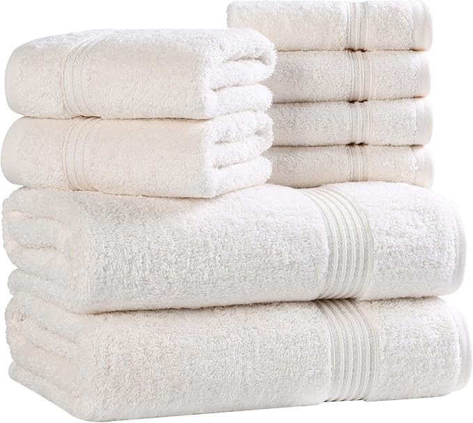 Superior Egyptian Cotton 8-Piece Towel Set, Assorted Towels for Home Bathroom, Guest Bath Decor Essentials, Includes 2 Bath, 4 Hand, 2 Face Towels/Washcloths, Quick Dry, Absorbent, Ivory