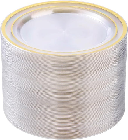 100PCS Clear Plastic Plates for Party, 10.25 Inch Heavy Duty Dinner Plates with Gold Rim, Disposable Plates for Wedding and Birthday
