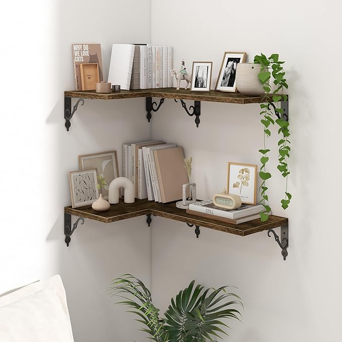 16 Inch Deep Floating Shelves for Wall, 8 Inch Deep Floating Shelf with Bracket, Wall Shelves 16 Inches Long, Wide Display & Storage Shelves for Living Room, Bathroom, Bedroom, Rustic Brown, Set of 2