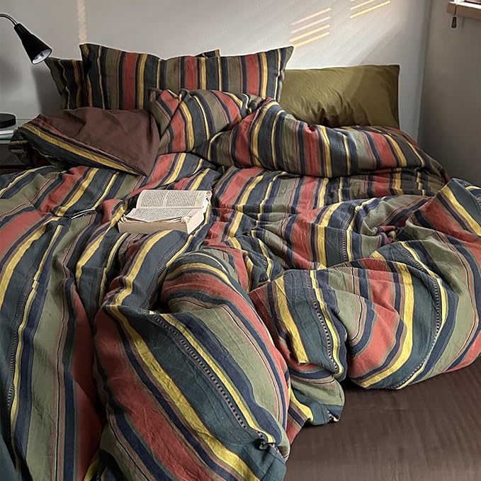 VM VOUGEMARKET Multicolor Striped Duvet Cover Queen Size Washed Cotton Jacquard Stripes Bedding Duvet Cover Set - Cozy Stylish Bedding for Men & Women