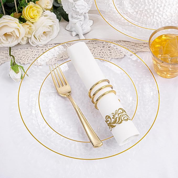 Rubtlamp 350 Pcs Clear Gold Plastic Plates, Hammered Disposable Dinnerware, Clear-Gold Plates Set Include 100 Plastic Platos, 150 Gold Disposable Silverware, 50 Cups And 50 Napkins for Party