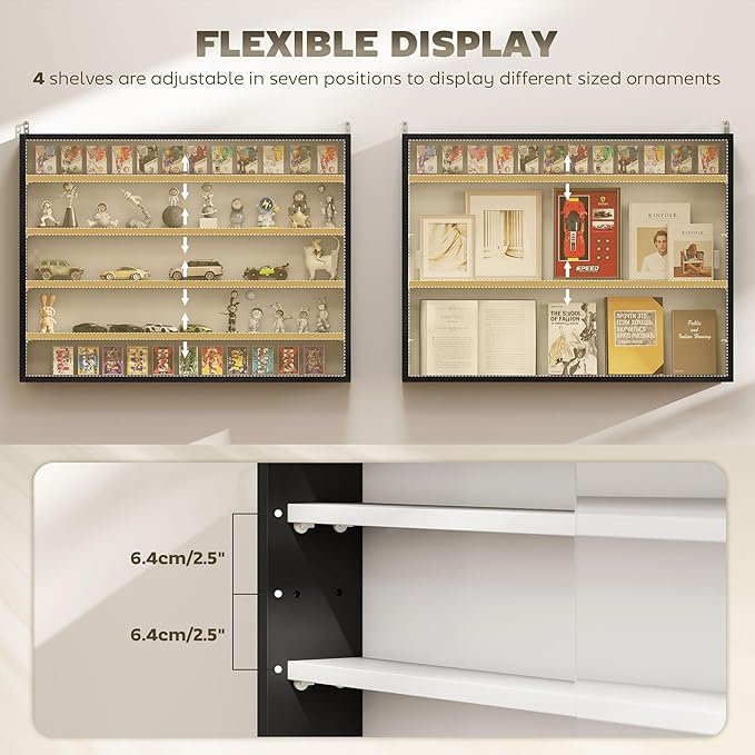 HOMCOM 5-Tier Display Cabinet, Glass Door Cabinet with Adjustable Shelves, Wall-Mounted Display Case for Playroom, Bedroom, Black and White
