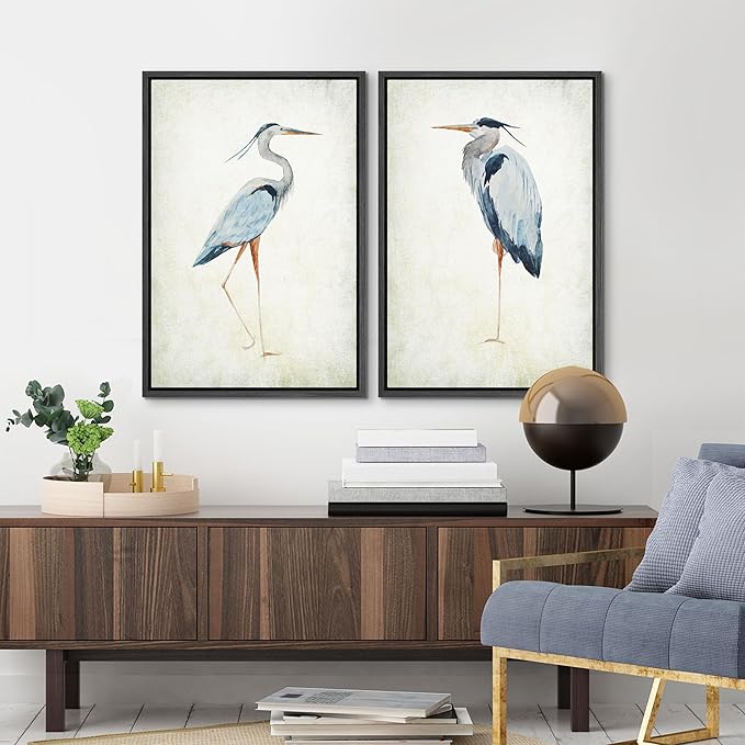 MUDECOR Framed Canvas Print Wall Art Heron Bird Illustrations Modern Art Decorative Bohemian Colorful Chic for Living Room, Bedroom, Office - 24"x36"x2 Black