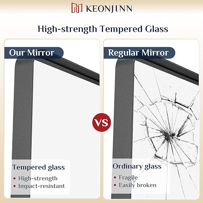 Keonjinn Black Bathroom Mirror for Vanity 55 x 30 Inch Large Metal Framed Wall Mirror Matte Black Rounded Rectangle Farmhouse Mirror, HD Tempered Glass, Modern Decorative Mirror(Horizontal/Vertical)