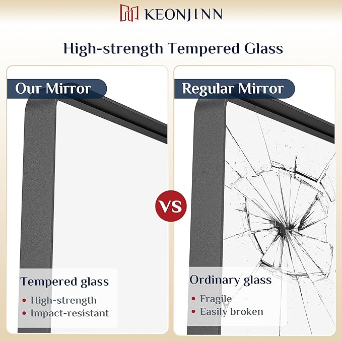 Keonjinn Black Bathroom Mirror for Vanity 24 x 36 Inch Metal Framed Wall Mirror Matte Black Rounded Rectangle Farmhouse Mirror, HD Tempered Glass, Wall-Mounted Decorative Mirror(Horizontal/Vertical)
