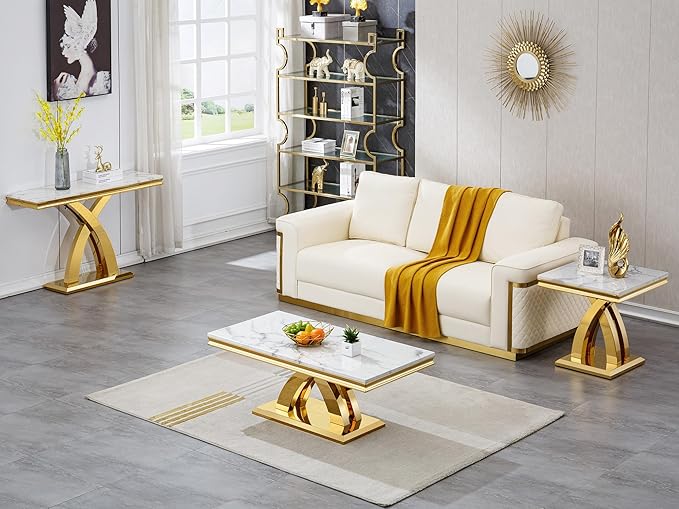 Marble Console Entryway Table, 47 inch Faux Marble Narrow Long Sofa Table, Modern White Tall Accent Table for Living Room, Entrance Table with Gold Geometric Stainless Steel Frame