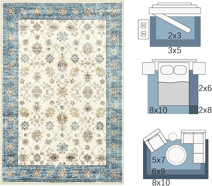 jinchan Area Rug 2x3 Washable Vintage Floral Rug Indoor Entryway Non-Slip Door Mats Soft Carpet for Living Room Bedroom Bathroom Home Office Blue