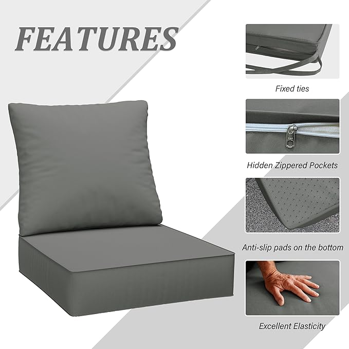 Outdoor Seat Cushion Set 24 x 24 x6.5 Inch Splash-Proof & Fade Resistant Patio Furniture Cushions with Removable Cover Deep Seat & Back Cushion with Straps for Chair Sofa Couch