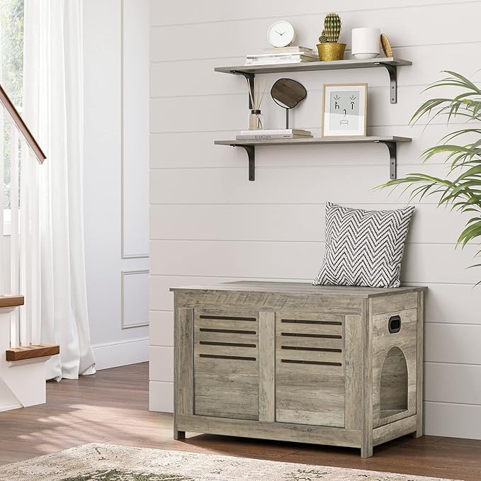 DINZI LVJ Long Wall Shelves, 31.5 Inch Wall Mounted Shelves Set of 2, Easy-to-Install, Wall Storage Ledges with Sturdy Metal Brackets for Living Room, Bathroom, Bedroom, Kitchen, Gray Wash