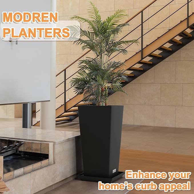 Elevens Outdoor Planter Larger Flower Pots Indoor Taper Garden V-Shape Tall Planters 29 inches Garden Pots Planter - Black（2 Packs）