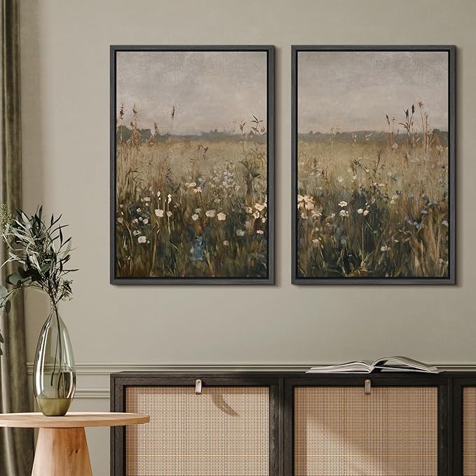 MUDECOR Framed Canvas Print Wall Art Set Golden Meadow Wildflowers Rustic Floral Field Landscape Illustrations Modern Art Decorative Bohemian Zen for Living Room, Bedroom, Office - 16"x24"x2 Black