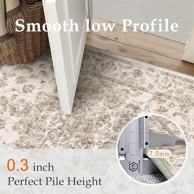 10x14 Neutral Area Rug Brown Floral Living Room Bedroom Large Carpet Non-Slip Low Pile Vintage Soft Thin Washable Throw Rug for Dining Room Office Kitchen Indoor Nursery