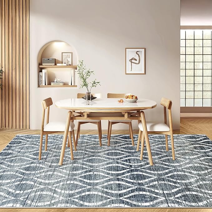 WITSHOCK Boho 8x10 Rugs for Bedroom - Washable Non-Slip Large Thin Indoor Rug for Living Room Dining Room, Soft Modern Geometric Low Pile Print Dark Blue Carpet for Nursery, Kid & Pet Friendly