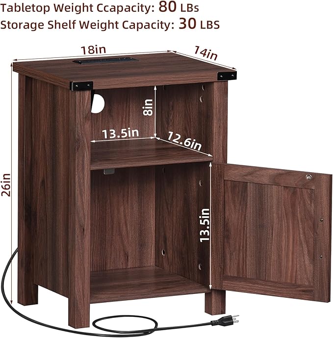 Night Stand, 18 Inch Farmhouse Nightstand with with Charging Station and USB Port, Rustic Couch End Table with Magnetic Door, Wood Bed Side Tables for Bedroom, Home, Brown Walnut