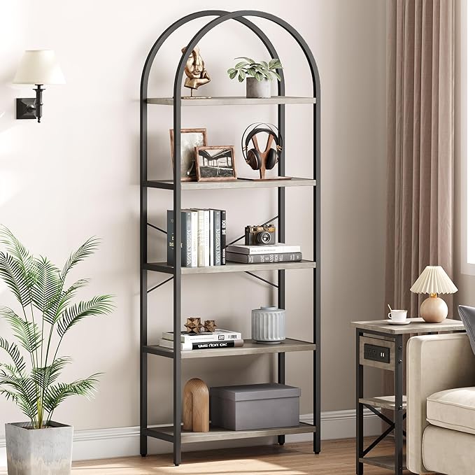 IDEALHOUSE Bookshelf 5 Tier Bookcase Arched Display Racks Tall Standing Bookshelves Metal Frame Farmhouse Storage Rack Shelf Grey Book Shelf for Bedroom, Living Room, Home Office