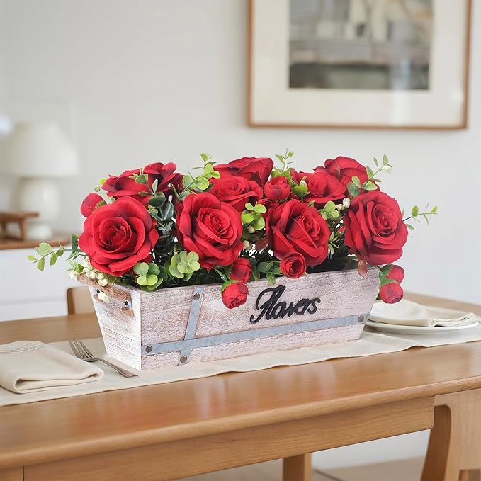 Centerpiece Table Decorations Rustic Wood Tray with 3 Artificial Red Rose Flowers and Fake Eucalyptus for Dining Room Farmhouse Living Room Kitchen and Coffee Table Décor