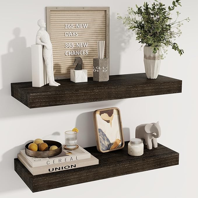 fuqing Floating Shelves for Wall - 24 Inch Wood Wall Shelves Set of 2-24 Inch Wide x 9.3 Inch Deep Natural Floating Wood Shelves with Upgraded Metal Brackets for Room