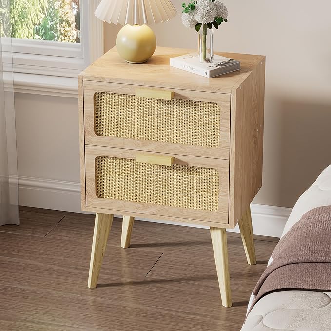 Rattan Nightstand,Boho Bedside with Storage,End Table,Side Table with 2 Hand Made Rattan Decorated Drawers for Small Space,Livingroom,Bedroom,Natural 11.8" D x 16" W x 22.4" H CTG59Y