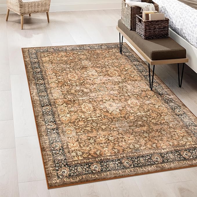 Morebes Washable Living Room Rug 5x7, Vintage Room Rugs for Bedroom Non-Slip, Soft Low-Pile Non-Shedding Dark Brown Rug Indoor Floral Print Throw Carpet for Bedside Farmhouse Dining Room