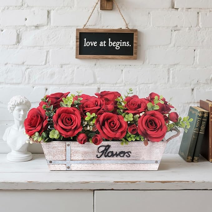 Centerpiece Table Decorations Rustic Wood Tray with 3 Artificial Red Rose Flowers and Fake Eucalyptus for Dining Room Farmhouse Living Room Kitchen and Coffee Table Décor