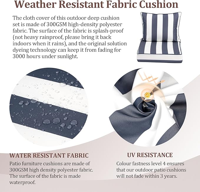 Waterproof Outdoor Chair Cushion Set of 2, 24x24x5 IN Deep Seat Patio Cushions with Fade Resistant Removable Cover,Outdoor Cushions for Patio Furniture with Ties&Handle for Chair Sofa Couch,BlueStripe