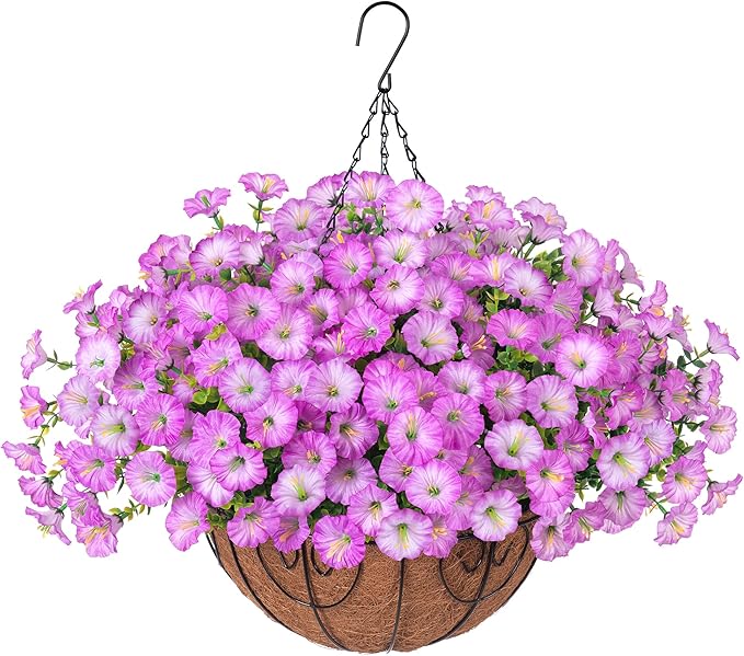 Ivydale Artificial Fake Hanging Flowers Plants in Basket for Outdoor Decoration, 12 Pcs Faux Morning Glory in Planter Realistic UV Resistant Silk Flowers for Home Porch Patio Balcony Yard Outside