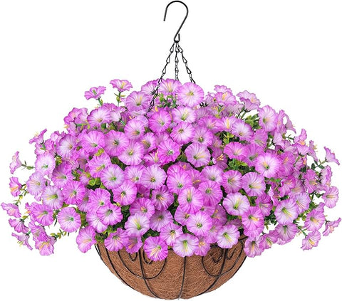 Ivydale Artificial Fake Hanging Flowers Plants in Basket for Outdoor Decoration, 12 Pcs Faux Morning Glory in Planter Realistic UV Resistant Silk Flowers for Home Porch Patio Balcony Yard Outside
