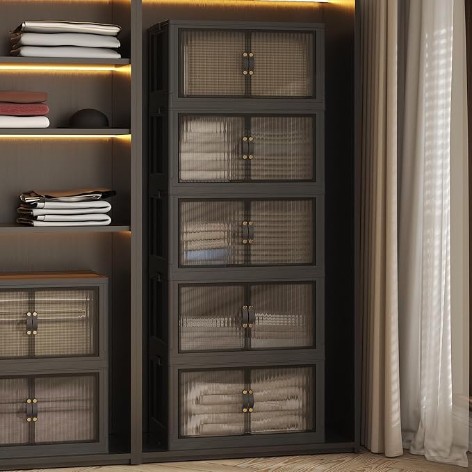 JONZEN 525Qt Stackable Storage Bins with Lid, 132 Gal Closet Organizer and Storage Drawer, Collapsible Storage Boxes with Wheels, Plastic Clothes Cabinet Containers, 5Pack Black