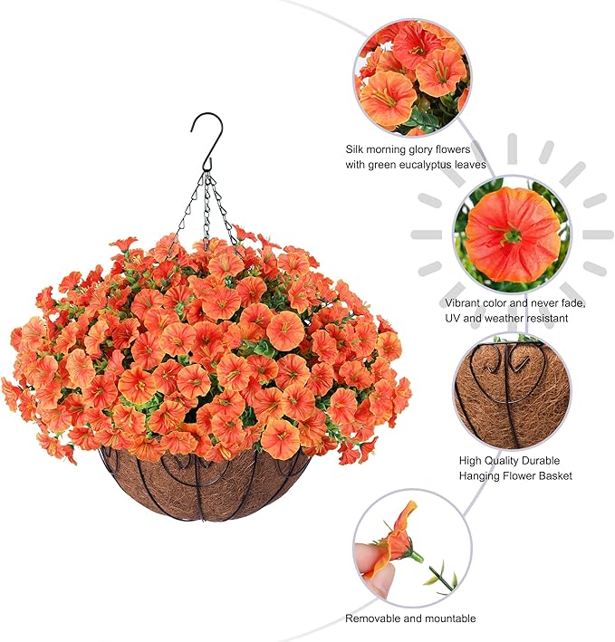Artificial Fall Hanging Flower Plants Basket for Outdoors, Fake Flowers 12 Bundles Faux Silk Morning Glory for Planter Realistic UV Resistant Artificial Flowers for Outside Porch Garden Patio, Orange