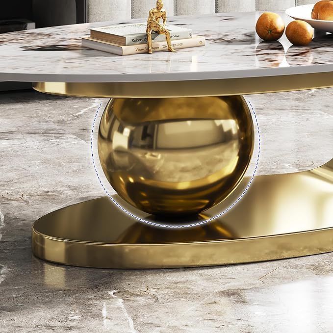 Modern Oval Marble Coffee Table, 51.2" Gold Coffee Table with Sintered Stone Top & Geometric Stainless Steel Base, Luxury Oval Tea Center Tables for Living Room