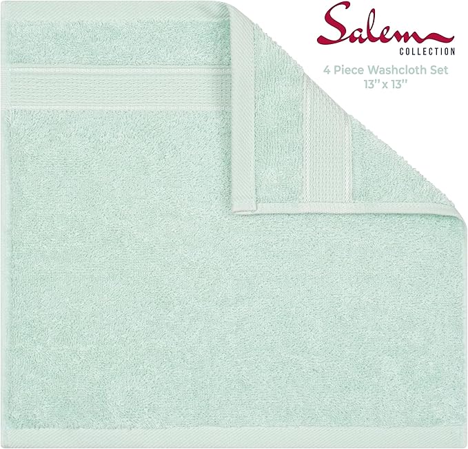 American Soft Linen Salem Washcloth Sets, 4 Piece Luxury 600 GSM 100% Cotton Washcloths for Bathroom, 13x13 inches Washrags Premium Quality Hand Face Towels, Mint