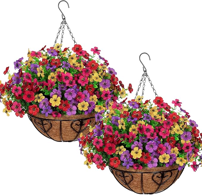 Alynsehom 2 Set Artificial Flowers with Hanging Basket, 2 Outdoor Hanging Plants with 24pcs Faux UV Resistant Fake Silk Azalea in Baskets for Porch Garden Patio Balcony Yard Home Decor(4 Colors)