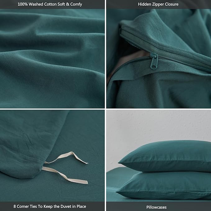 MooMee Queen Duvet Cover Set, 100% Washed Cotton Linen Like Twill Thick Sturdy Material Super Soft Breathable Durable Bedding for All Season, 3 Pieces (Green, Queen 90"x90")