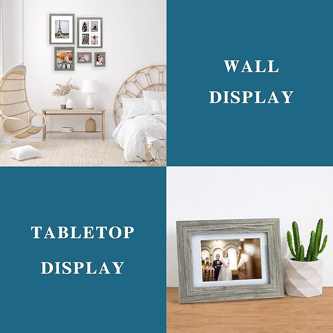 5x7 Picture Frame Set of 2, Made of Real Glass and Rustic Grey Wooden Frame - Display Pictures 4x6 with Mat or 5x7 Without Mat, 5 by 7 Photo Frame for Wall or Tabletop Display