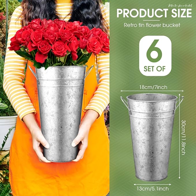 Irenare 12 Inch Vintage Galvanized Flower Bucket Metal Flower Vase Farmhouse French Bucket Planter Metal Floral Container for Party Table Centerpiece Weddings Home(Silver,6 Pcs)
