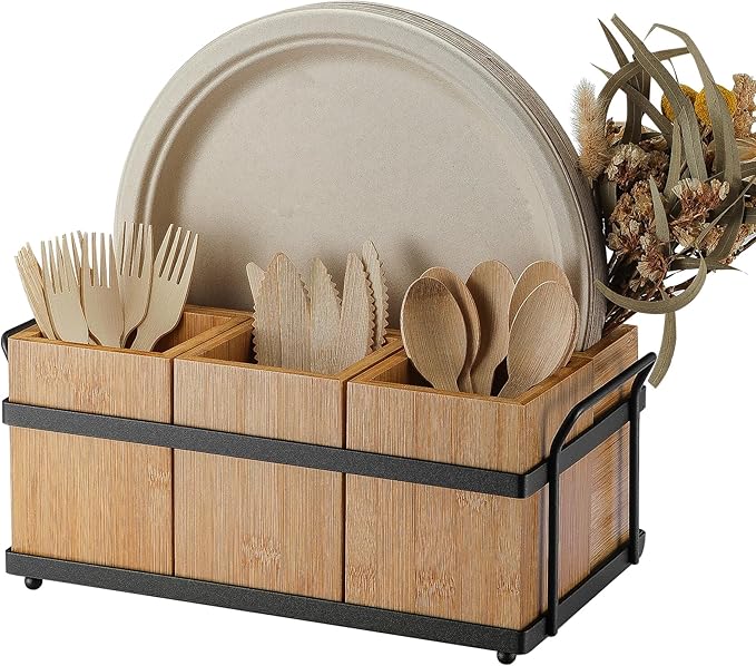 PTSTING Silverware Caddy Wood Holder Paper Plate Dispenser Utensil Caddy Cutlery Flatware Organizer Box for Spoons Forks Plates Napkins