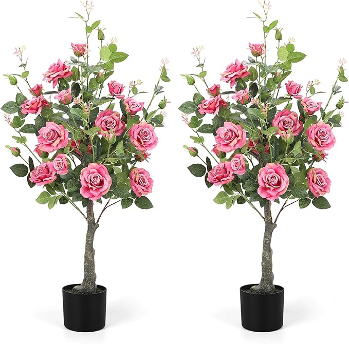Romantic season 2Pack Artificial Rose Flower Trees, 42Inch Pink Faux Rose Tree with Green Leaves for Living Room Office Home Outdoor Indoor Decor