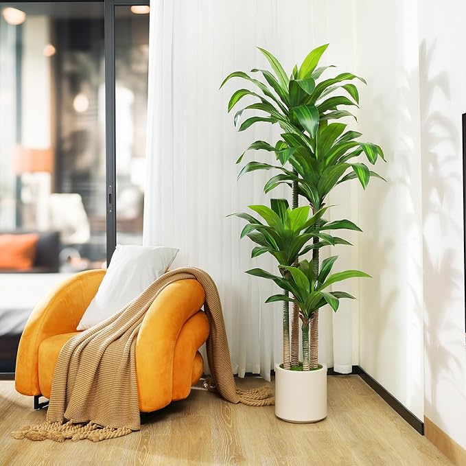 Artificial Dracaena Tree 6ft, Tall Fake Dracaena Plants with White Planter, Faux Dragon Tree Indoor Floor Plant for Home Decor Office Living Room Porch Housewarming, 1Pcs