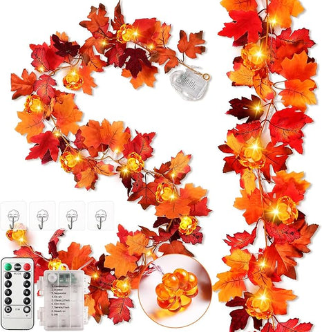VIHOSE 2 Pack Thanksgiving Maple Leaves Garland Fall Decor 11.5 ft 40 LED with Pumpkin Lights Battery Operated and Timer Remote for Home Thanksgiving Halloween Decor(Reddish Brown)
