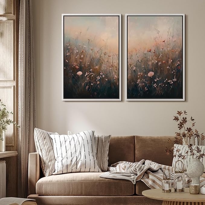 MUDECOR Framed Canvas Print Wall Art Forest and Lake Landscape Vintage Nature Scenery Illustrations Modern Art Decorative Bohemian Chic for Living Room, Bedroom, Office - 24"x36"x2 White