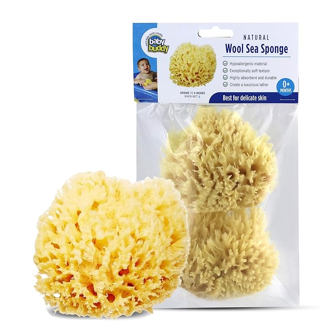 Baby Buddy Natural Wool Sea Sponge, Newborn Bath Time Essential, Ultra Soft for Delicate Skin, Hypoallergenic and Biodegradable, 2 Pack