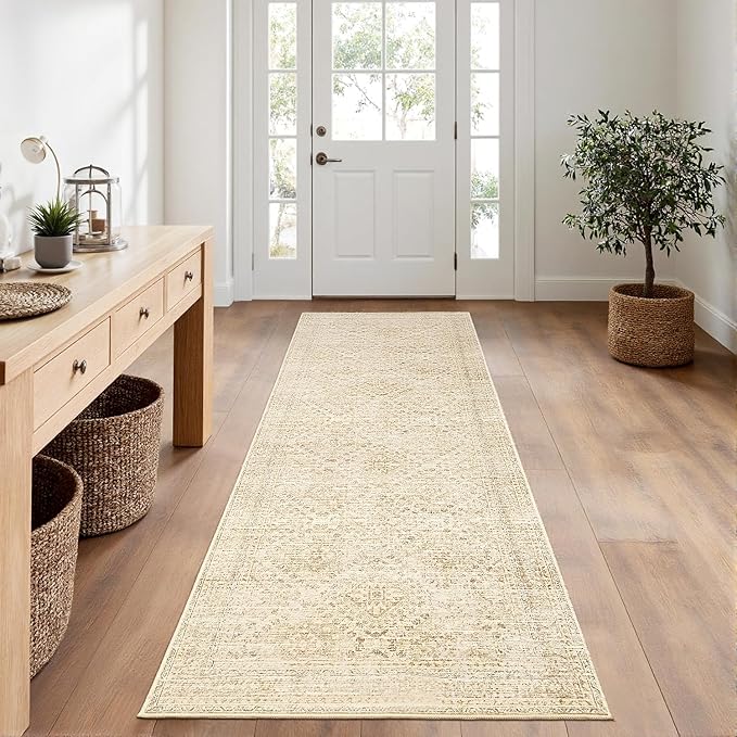 MIULEE 2x6 Washable Hallway Runner Rug, Vintage Long Rug for Hallway Kitchen Bedroom Laundry Room Bathroom Rug, Non-Slip Stain Resistant Soft Throw Carpet Floor Mat, Neutral Beige