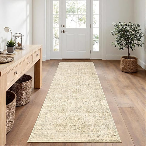 MIULEE 2x6 Washable Hallway Runner Rug, Vintage Long Rug for Hallway Kitchen Bedroom Laundry Room Bathroom Rug, Non-Slip Stain Resistant Soft Throw Carpet Floor Mat, Neutral Beige