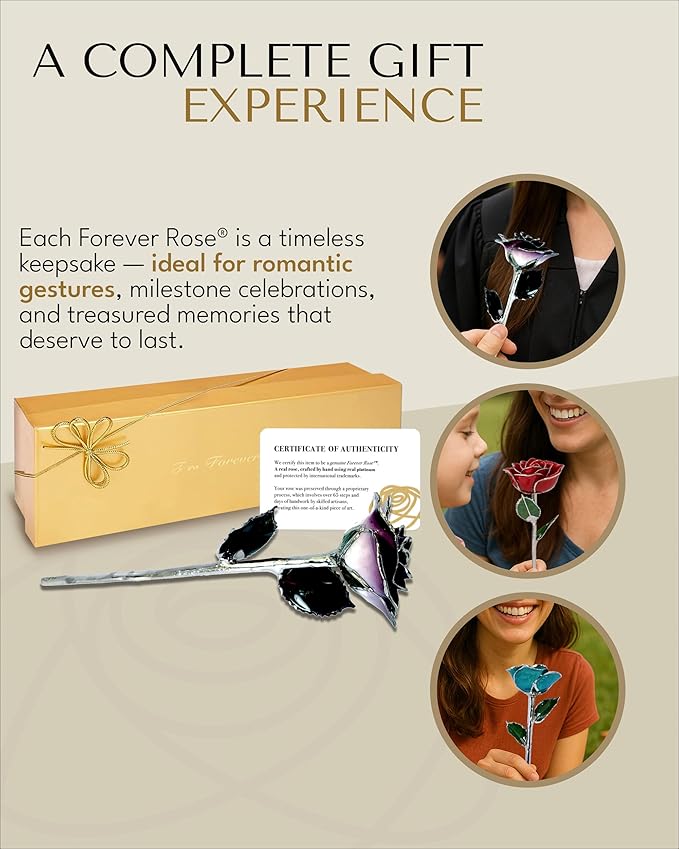 Forever Rose Real 2-Tone Purple Rose with Platinum Trimmed Petals and Platinum Stem, Handcrafted Preserved Rose in Luxury Gold Gift Box, Romantic Gift for Her, Elegant Gift for Any Occasion
