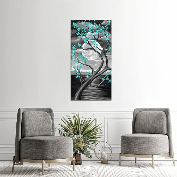 KREATIVE ARTS Teal Flower Tree Wall Art for Bedroom Cherry Blossom Tree in Full Moon Night Landscape Canvas Prints Artwork for Home Wall Decoration Ready to Hang Vertical 20x40inch (Green)