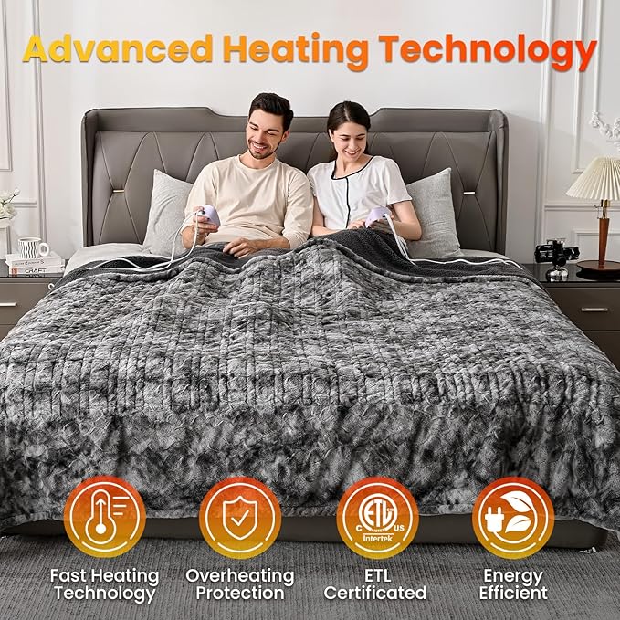 WOOMER Heated Blanket King Size, Dual Control, Electric Blanket 90"x 100", Double-Sided Faux Fur&Sherpa, Overheat Protection, 10 Heating Levels & 12H Auto Off, CPF, Home Office