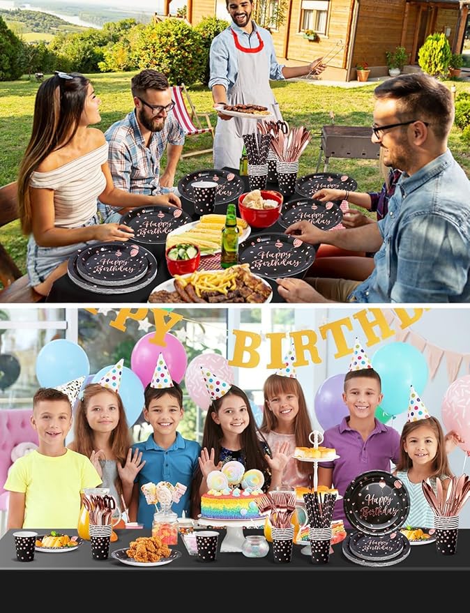 Birthday Party Tableware, 161 Pieces Black and Rosegold Party Supplies, Party Dinnerware Sets Include Paper Plates Napkins Cups Silverware, for Shower Engagement Parties Decoration -20 Serves
